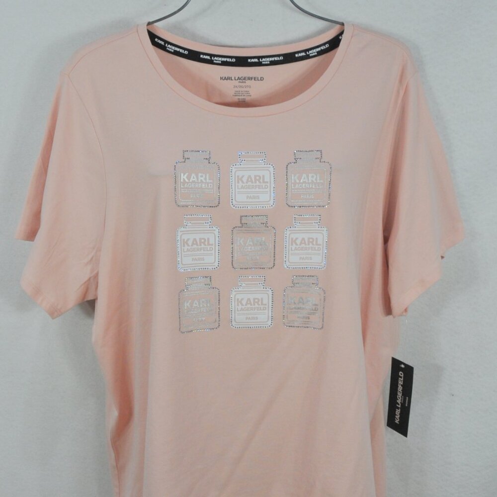 KARL LAGERFELD Women's Blouse 1X Paris Fashion Perfum Bottle Blush Shirt Top